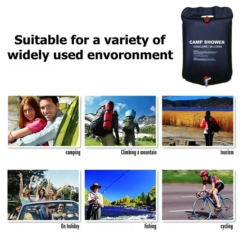 20L Solar Shower Bag Portable Camping Outdoor Heated Water Bath Black PVC