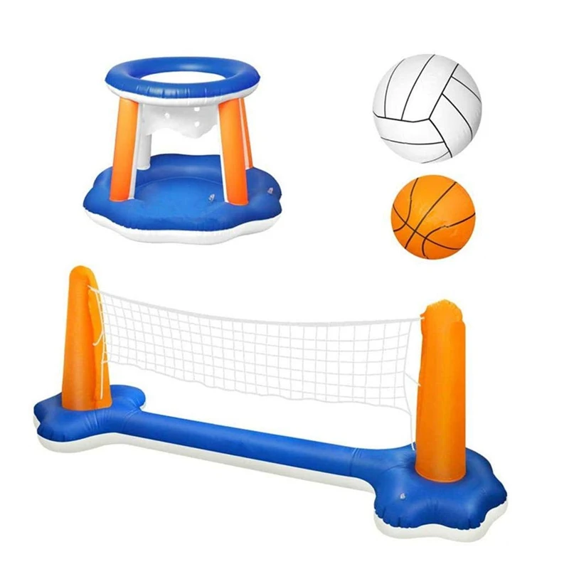 Inflatable Pool Float Set Floating Volleyball Net With Basketball Hoop
