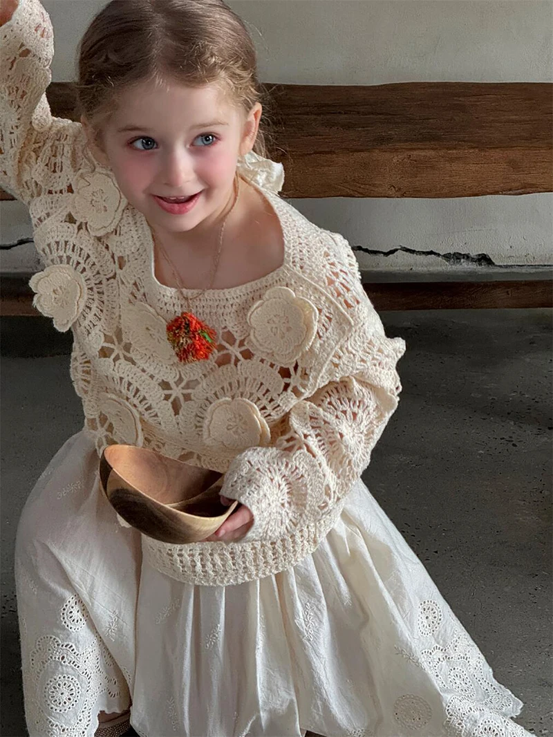 Girls Knitted Floral Sweater Pullover Top