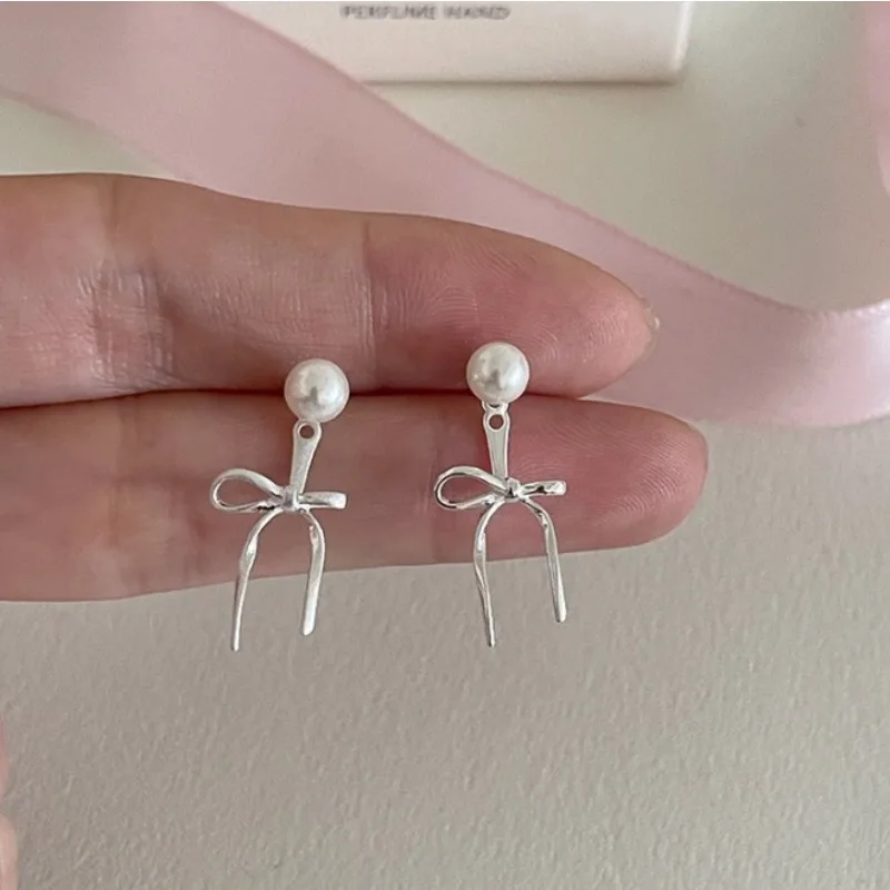 New Sweet Cute Bow Knot Stud Earrings for Women Girls Silver Color Simple Minimalist Ear Clip Aesthetic Jewelry Gift