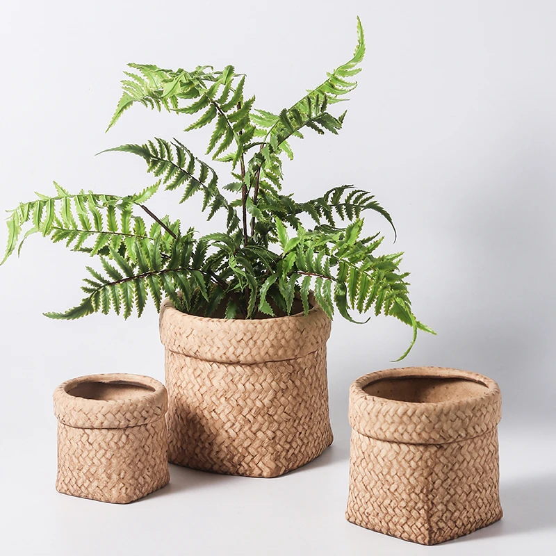 

Flowerpot Succulent Nordic Modern Breathable Stoneware Green Orchid Small Ceramic Flowerpot Retro Woven Basket