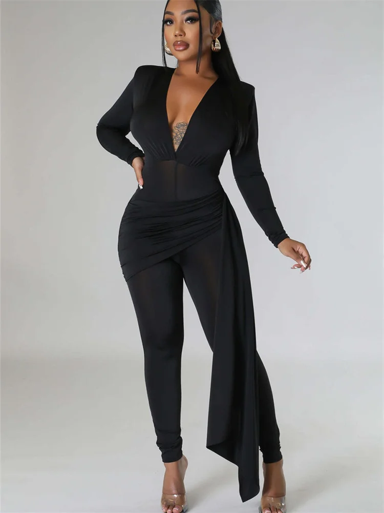 Wmstar Women Jumpsuit Fashion Deep V Neck  Sexy Bodycon Overalls Lady Office Solid Color Bodycon Rompers Wholesale Dropshipping