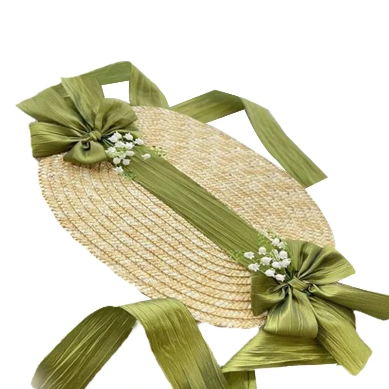 Women Victorian Wedding Tea Party Bonnet Handmade Lolita Retro Green Flower Bow Beach Sun Straw Weaving Hat French Pastoral Cap 6