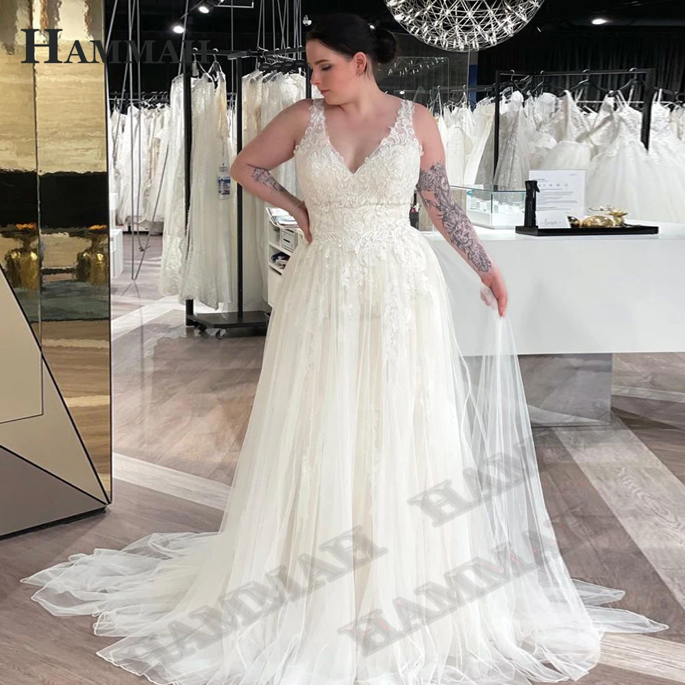 

HAMMAH V Neck Mordern Tank Wedding Gown For Bride Appliques Sleeveless Court Train Backless Button Vestidos De Novia Brautmode