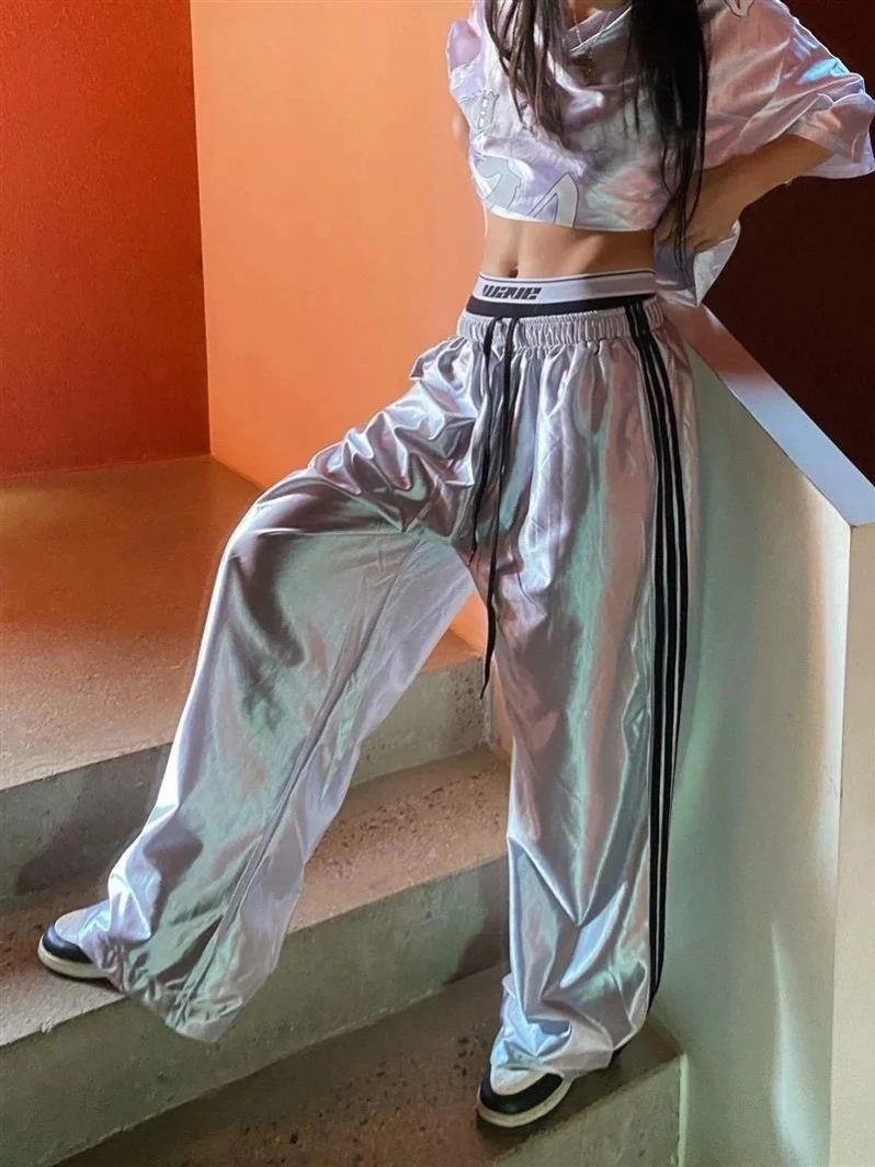 Summer Ins Street Retro Harajuku Glossy Sport Skateboard Wide Leg Pants Long Pants Street Dance Pants Comfortable Regular Fit