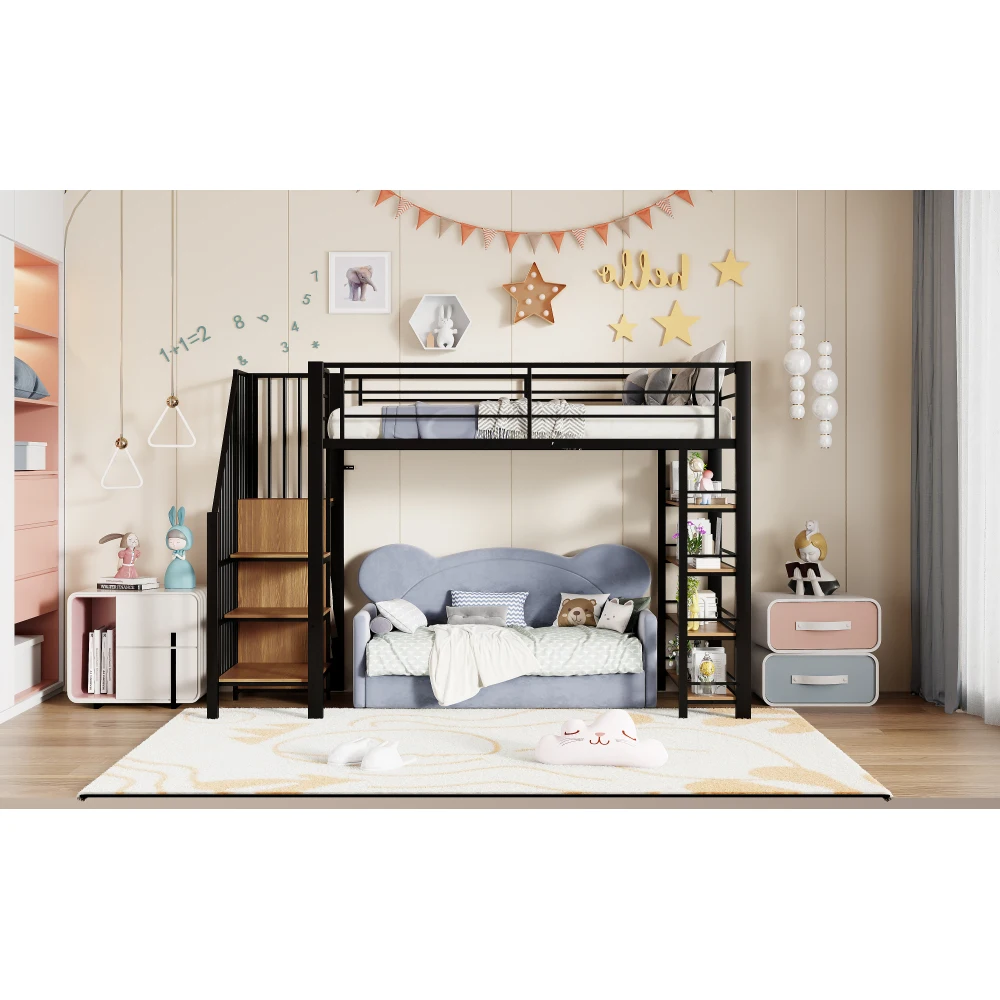 90*200cm Hochbett für Kinder, mit Sicherheitstreppe, Stauraum und kleinem Kleiderschrank, Bodeneinbaum, Hochzaun-Design, Einzelbett – Detail 12