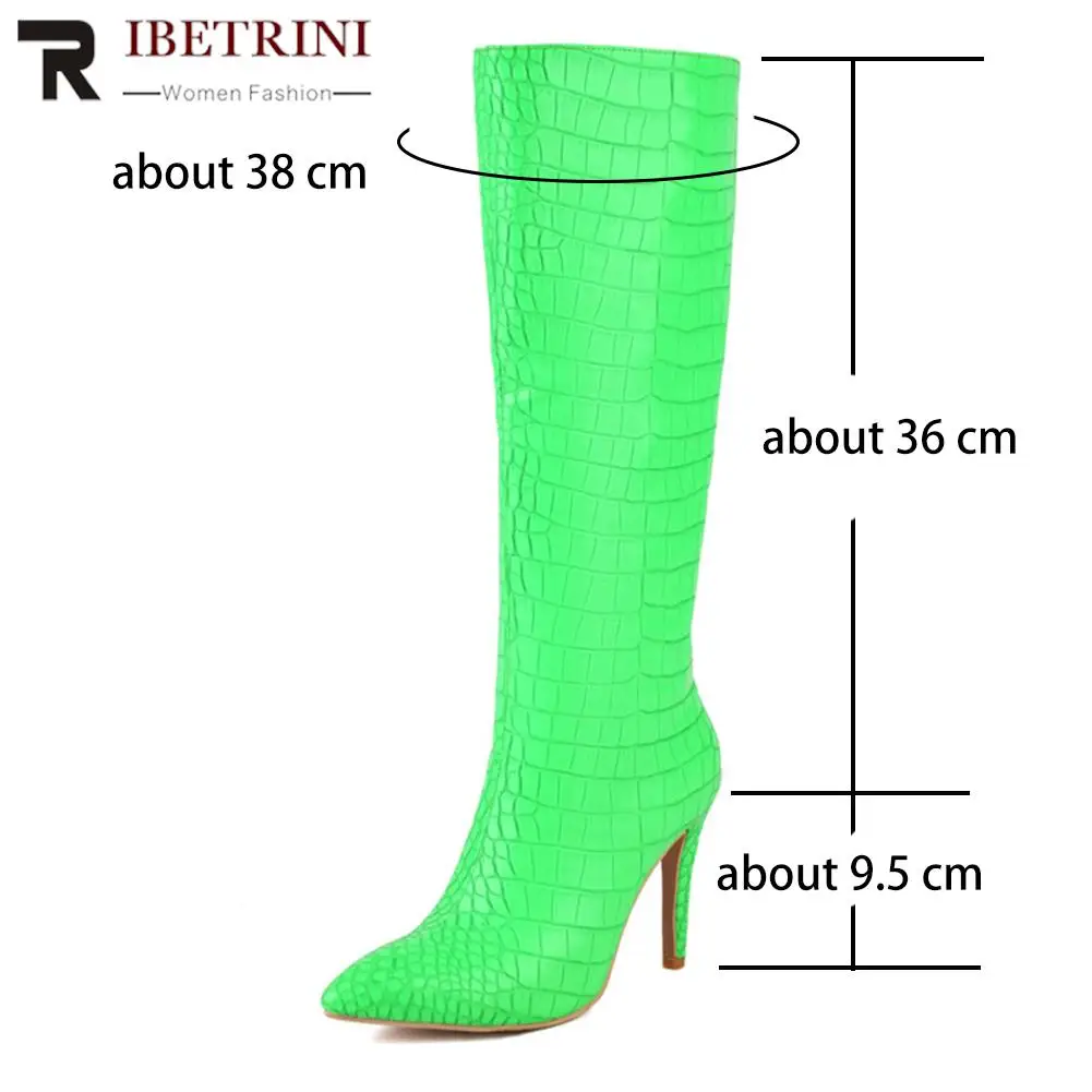 Female Pointed Toe Boots For Women Slip On Fashion Stiletto Heels Shoes Knee High Med Calf Boots Stone Print Sexy