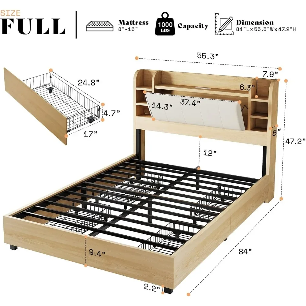 Bed Frame Full Size 4 Storage Drawers,Upholstered Bed Frame 47.2" Bookcase Headboard,Charging Station/No Box Spring Needed/Maple 6