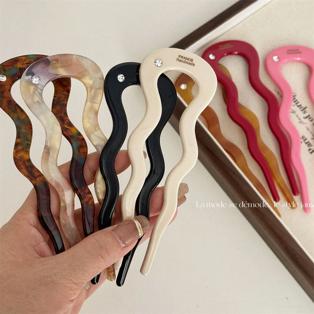 

New Women's Retro Chinese Style One Diamond Acetic Acid U-shaped Wave Hairpin with Pan Hair Accessories Gentle and Versatile