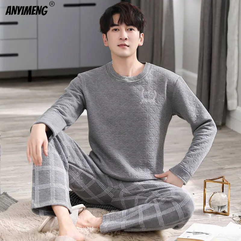 

Young Men Winter Three Layer Cotton Pajamas Set Grey Thick Homesuit Plaid Pants Nightwear Men Sleepwear Round Collar Pijamas