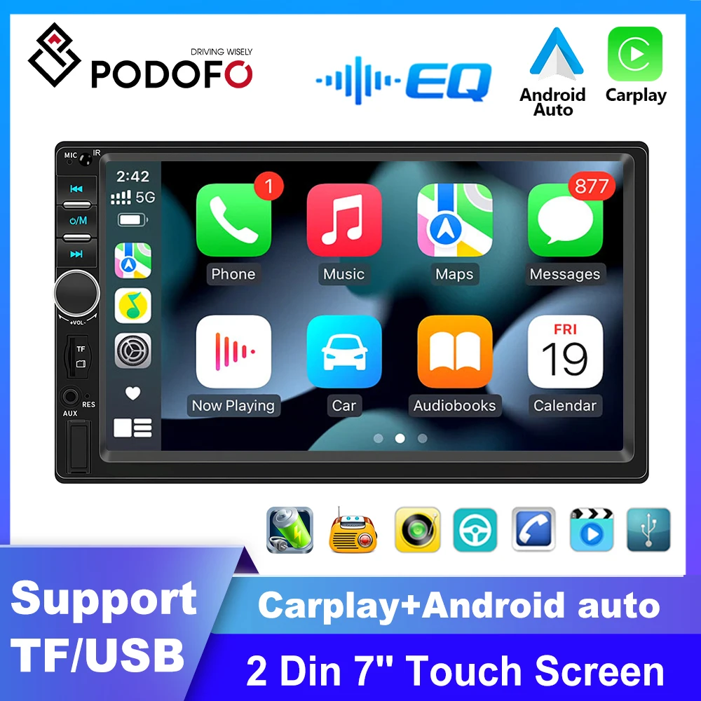 

Podofo 2 Din 7'' Car Stereo Radio Carplay Android Auto Bluetooth Mirror Link AUX/RCA FM Receiver Universal Car Multimedia Player