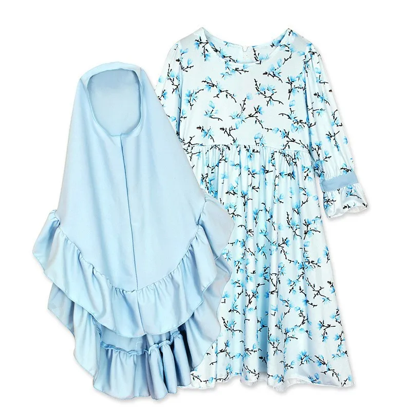 2 Piece New Abaya And Hijab For Kids Girls Muslim Floral Prayer Dress Headscarf Islamic Children Eid Party Robe Dubai Khimar Set