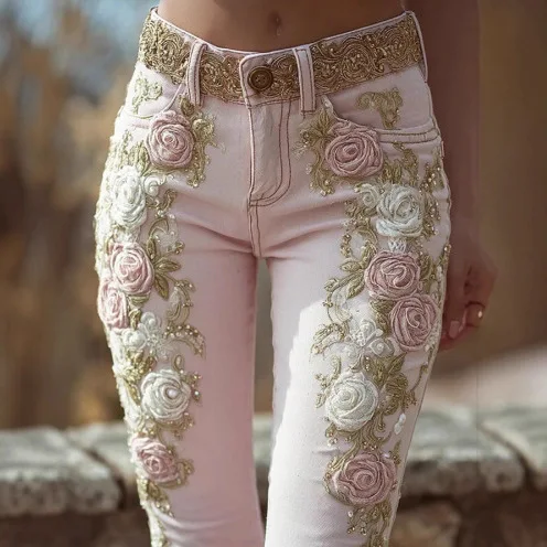 Women's pants 2025 women's retro pink rose embroidery art print jeans with elegant temperament