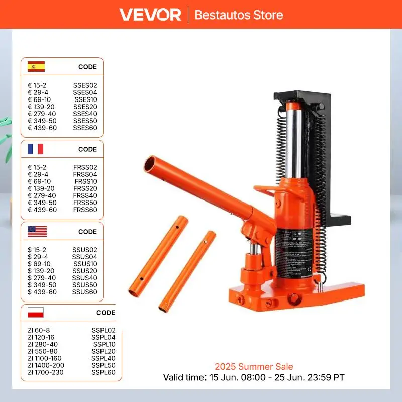 Cric Bouteille Hydraulique VEVOR 20 Tonnes – Plage De Levage 260-495 Mm – Manuel Et Pneumatique – Pour Voiture, Camion, SUV, Atelier