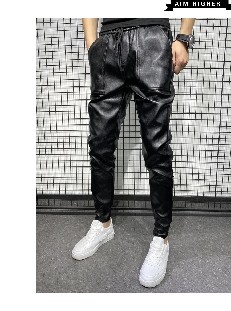 

New Winter Thick Warm PU Leather Pants Men Clothing 2022 Simple Big Pocket Windproof Casual Motorcycle Trousers Black Plus Size