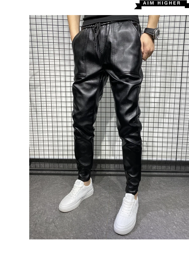 New Winter Thick Warm PU Leather Pants Men Clothing 2022 Simple Big Pocket Windproof Casual Motorcycle Trousers Black Plus Size