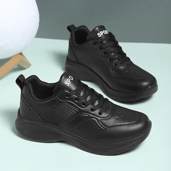 Women's Black Leather Sneakers Sports Casual Shoes Waterproof Walking Sneakers Women Sneakers Non-slip Lightweight Running Shoes 1