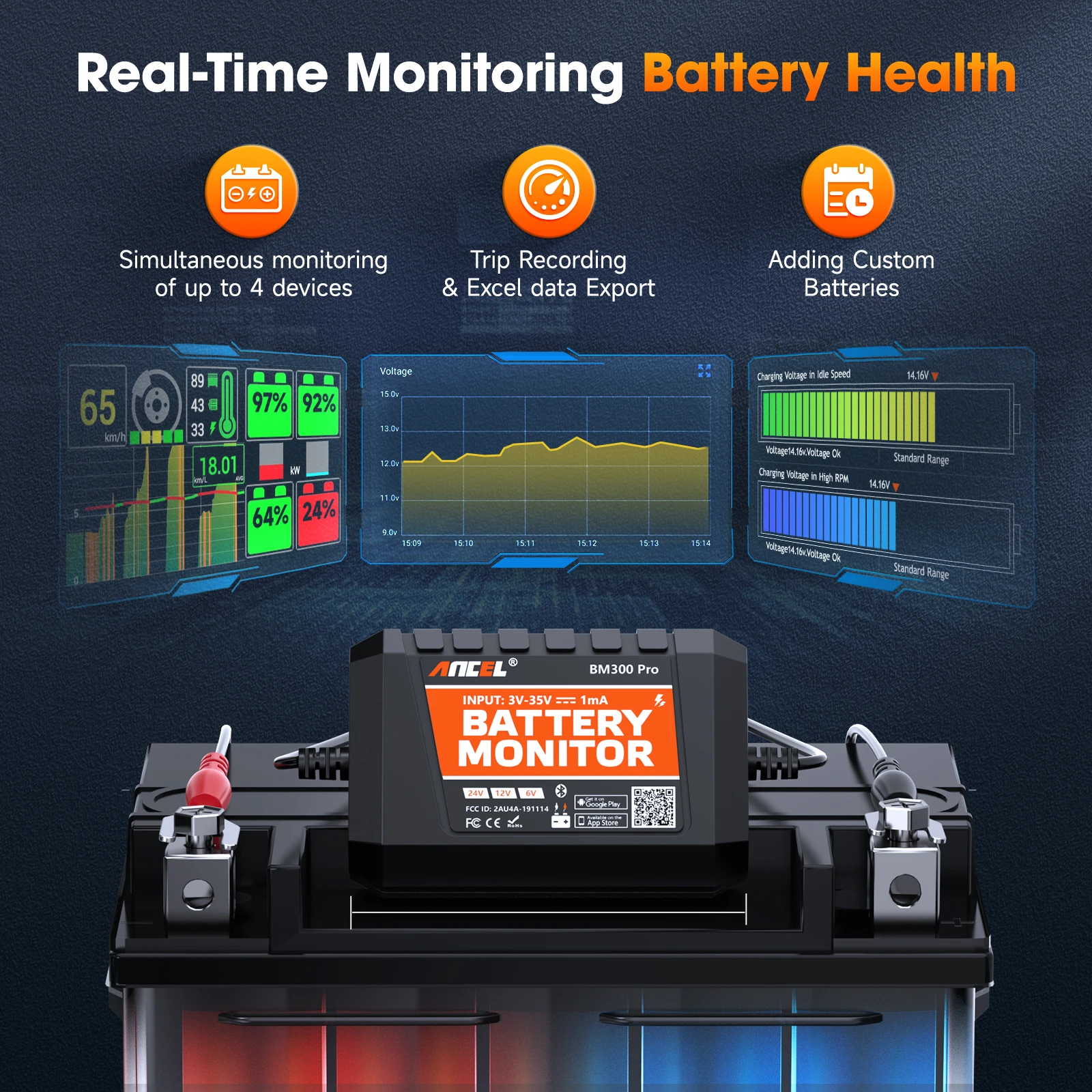 ANCEL BM300 Pro Battery Monitor 24V Battery Tester 12V SOC Health Analyzer Tools for Car SOH SOC Health