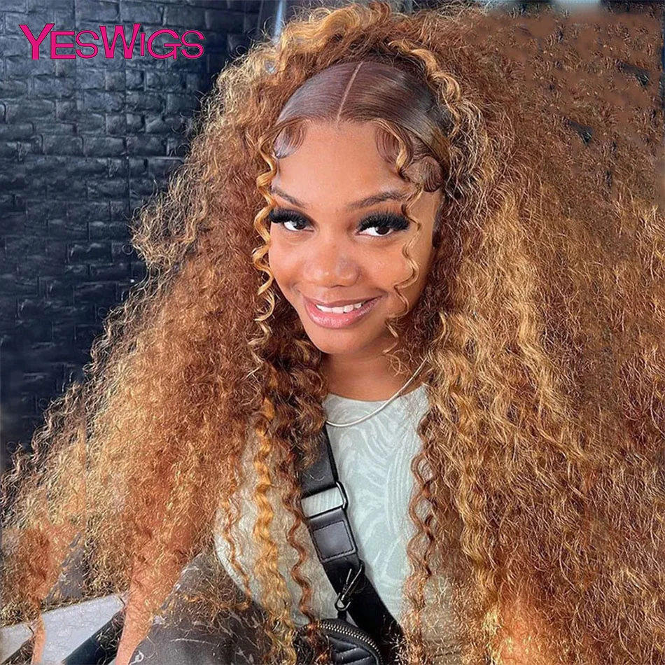 HD 13x6 Brown Lace Front Wig Honey Blonde Deep Curly Human Hair Wigs Highlight Wig Raw Human Hair Water Wave Lace Frontal Wig