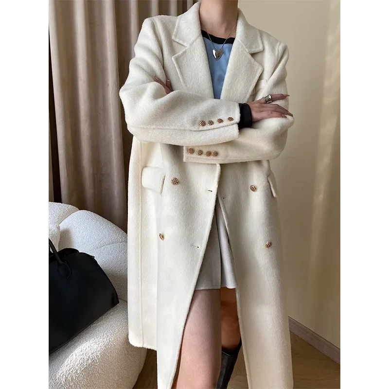 French Wool Blended Long Woolen Long Coat Simple Elegant Basic Wool Double-sided White Dark Gray French Fashion Women's Coat