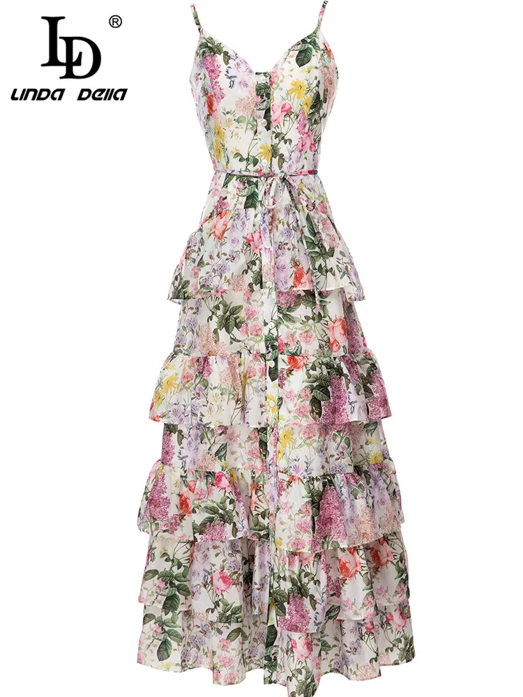 

LD LINDA DELLA New 2023 Women Gorgeous Party Long Dress Summer Bohemia Flower Print Cascading Ruffle Elegant Vacation Maxi Dress