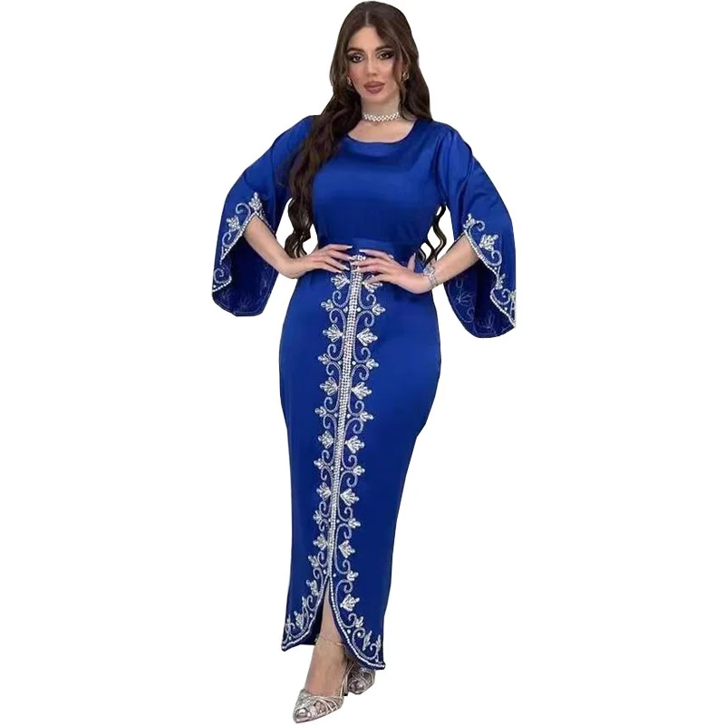 Muslim Dress Hip Wrapped Fishtail Women Dress Sexy Arab Dubai Robe Fashion Diamond Embedding Satin Evening Dress Women Clothing