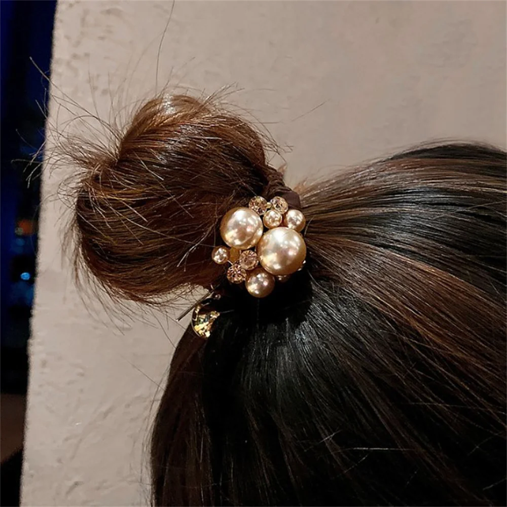 Kopf Blume Perle Rhinester Haar Seil Runde Kugel Kopf Ring Faltig Darm Ring Frauen Pferdeschwanz Gummiband Mode Scrunchies – Detail 3