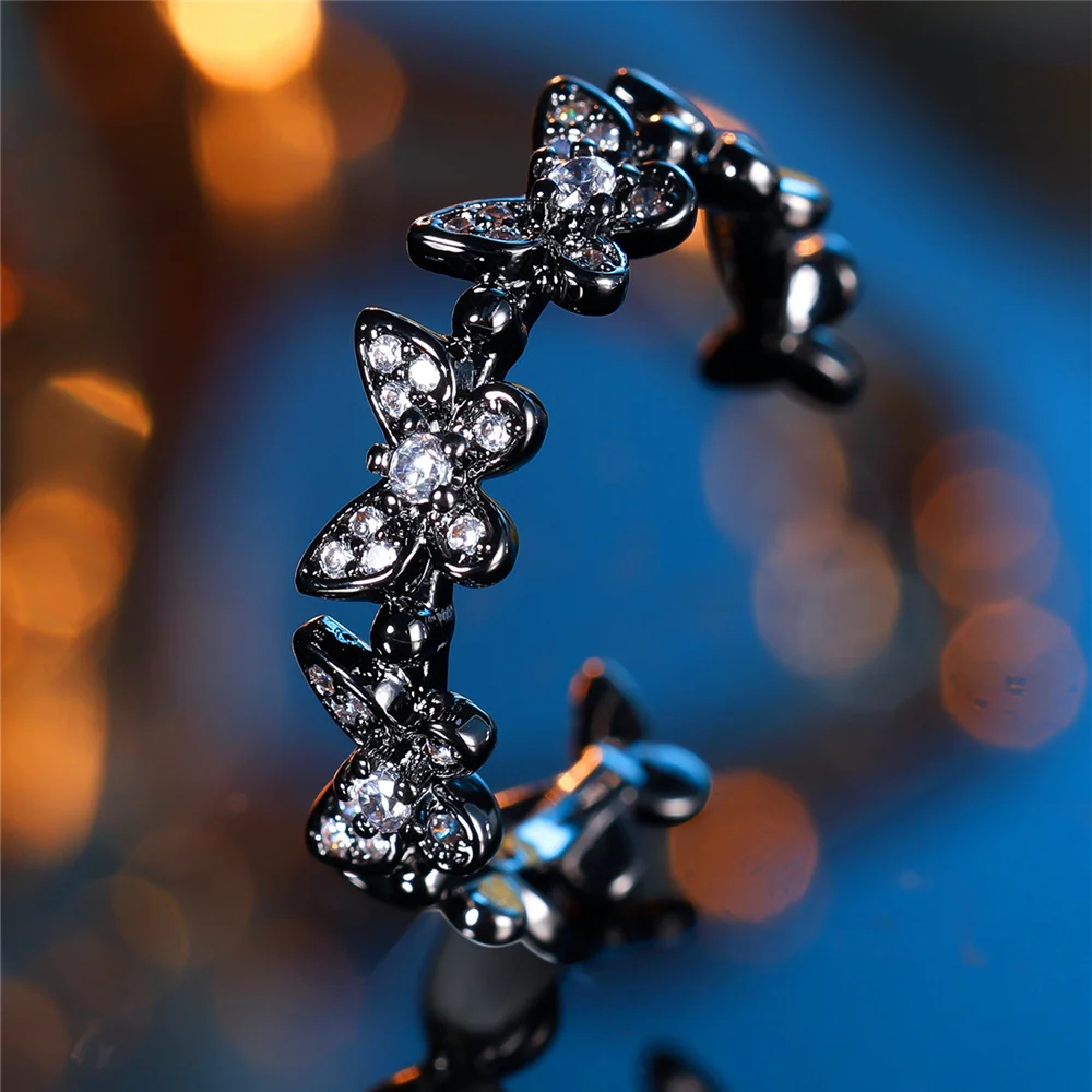 Charm Female Crystal White Butterfly Open Adjustable Ring Black Gold Color Vintage Zircon Stone Wedding Jewelry For Women