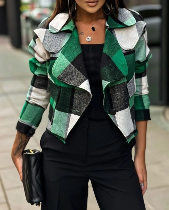 

Women's Jacket 2023 Autumn Fashion Plaid Print Notched Collar Casual Long Sleeve Daily Crop Jacket Coat Y2K Streetwear