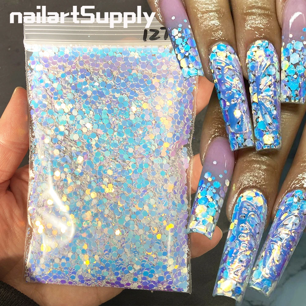 50g/Bag Holographic Chunky Nail Glitter Bulk Colorful Mixed Hexagon Sequins  Flakes For Cosmetic/Face/Body/Eye/Hair Decorations