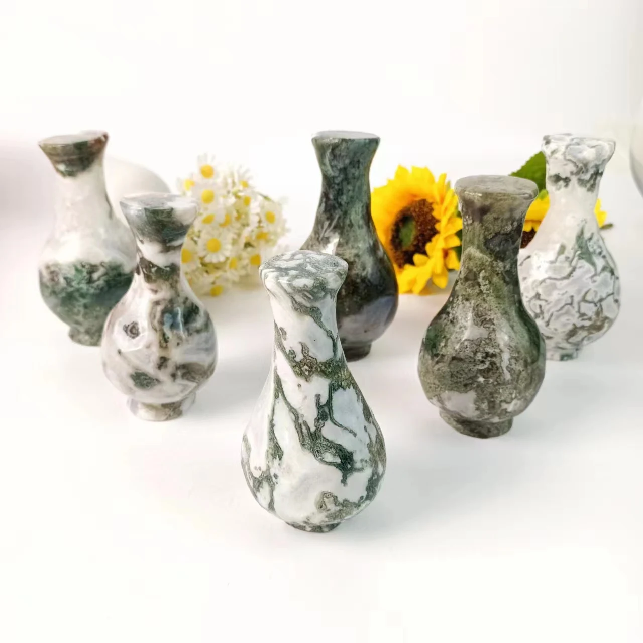 

Hand Craft Crystal Carving Craft Moss Agate Vase Gemstone For FengShui Home Office Decor