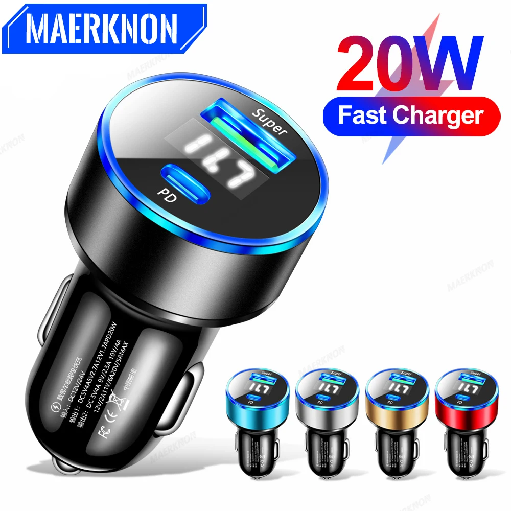 

20W USB Car Charger PD Type-C 2 Ports Fast Charging Adapter Mobile Phone Charger With Digital Display For iPhone Huawei Samsung