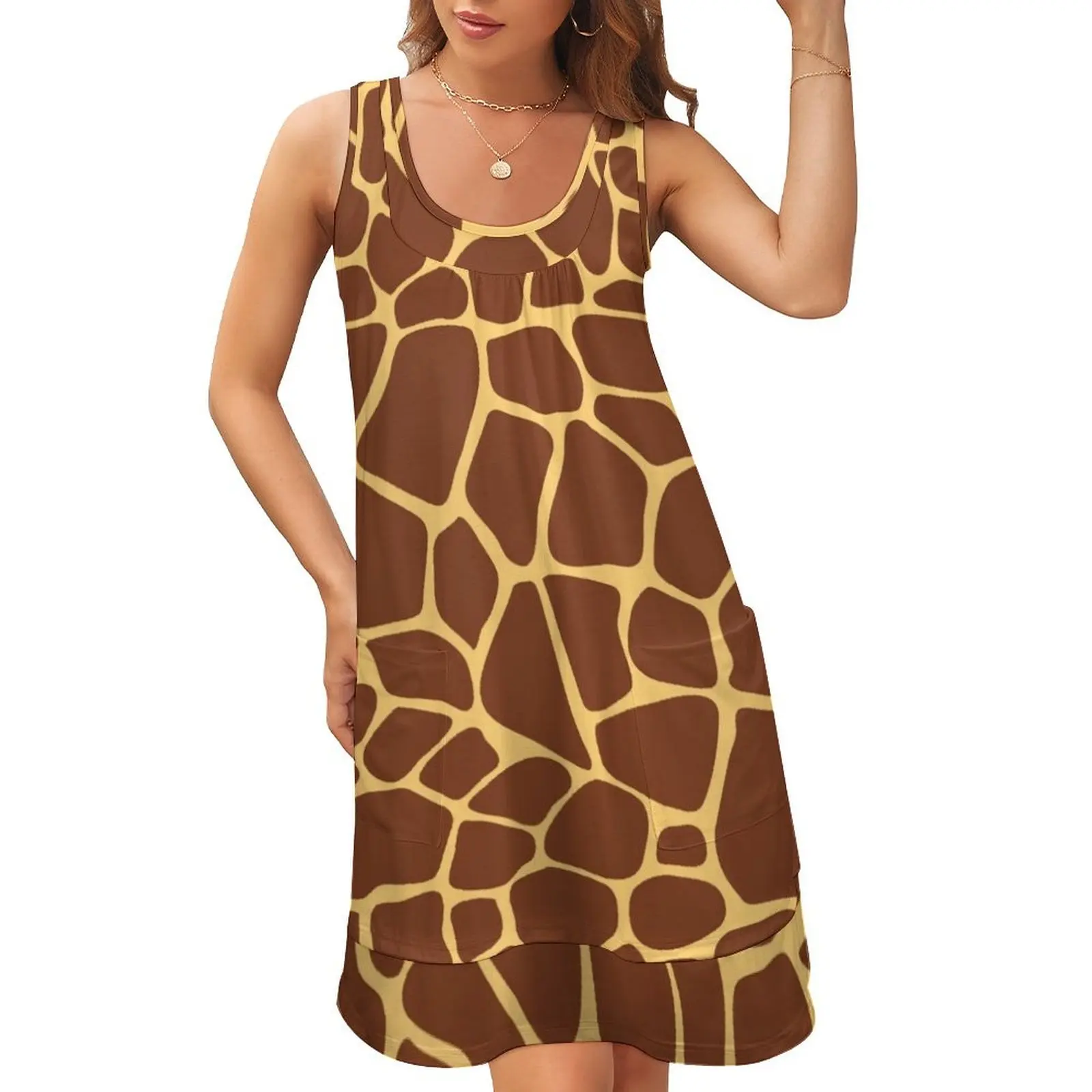 

Brown yellow giraffe print pattern Sleeveless U-Neck Fake Two Piece Dress long dress women dress summer 2024 women
