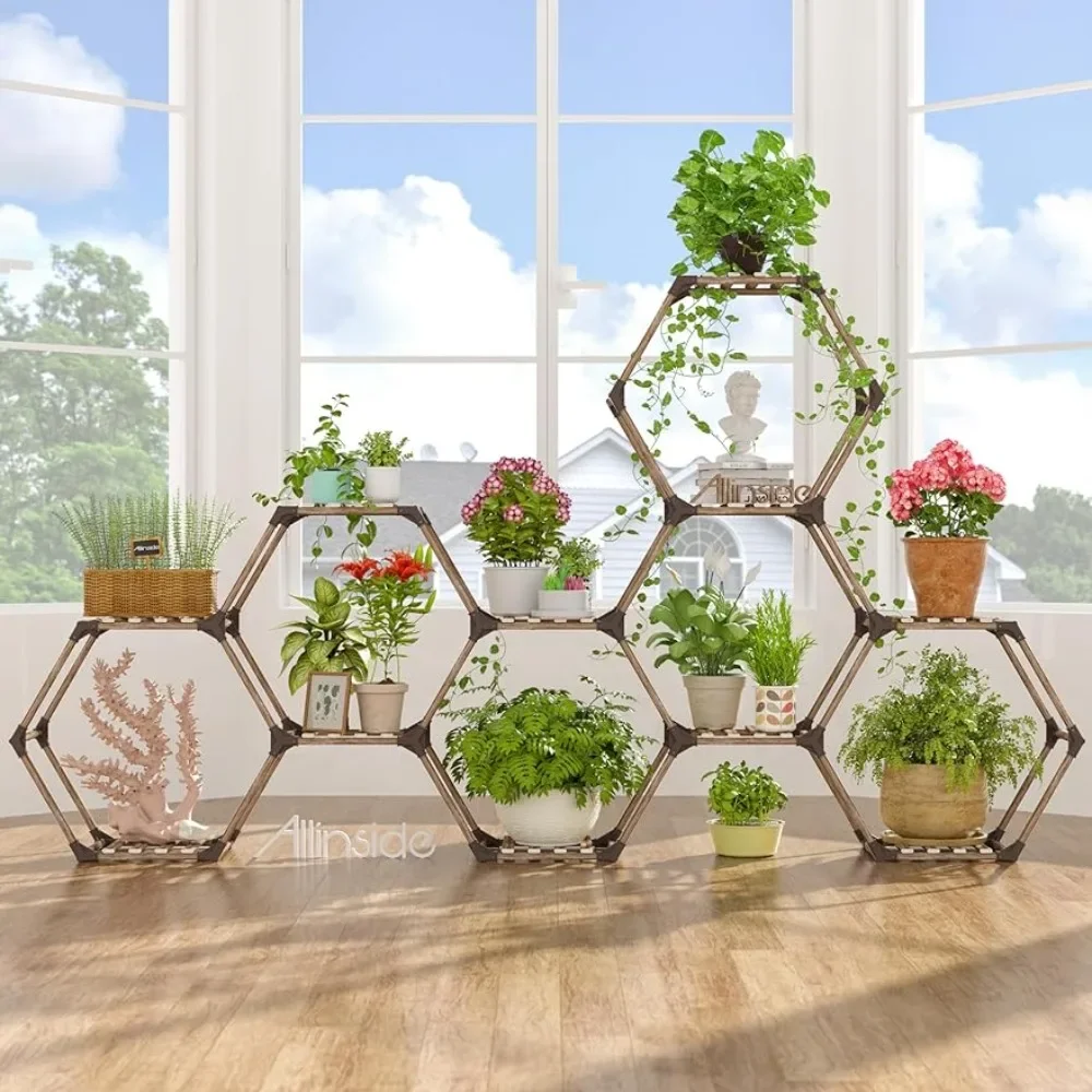 

Hexagonal Plant Stand Indoor Shelf, Wood Outdoor Plant Shelf, 11 Potted for Corner Window Garden Balcony Living Room