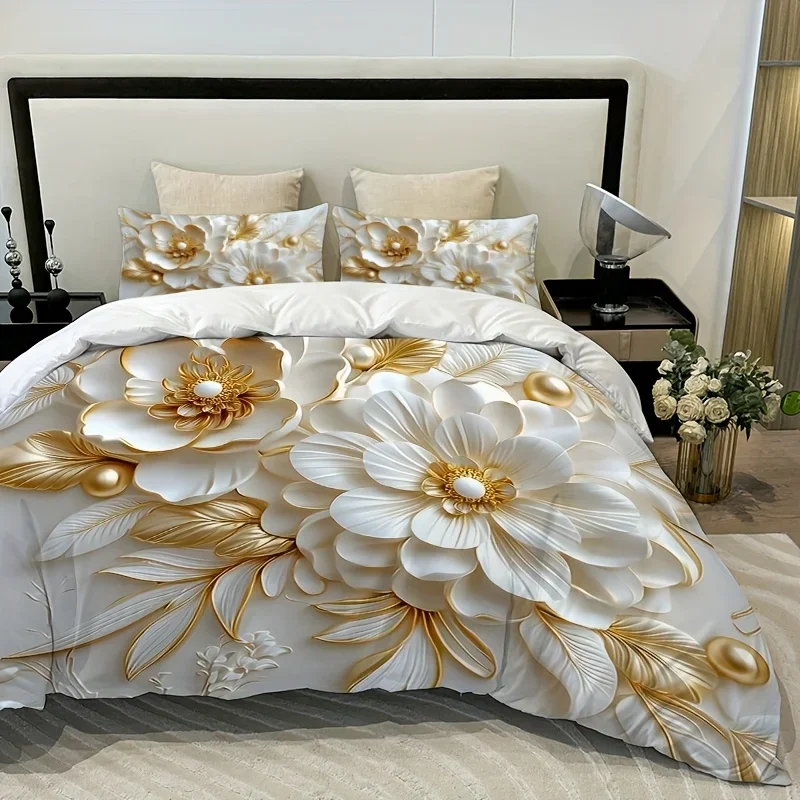 3 Pcs of Gold Leaf Pearl Flower Duvet Cover with 2 Pillowcases Queem King Size HD Printed Pattern Bedding Soft and Comfortable