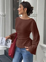 T-Shirt manches évasées pour femmes, couleur unie, col bateau, élégant, cravate au dos, coupe cintrée, hauts à manches longues, printemps/automne 3