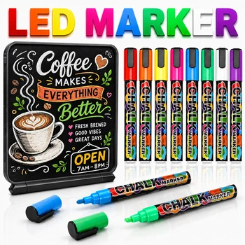 Set di Pennarelli a Gesso Liquido Cancellabili 6/8 Colori per Graffiti Creativi Fai-da-te, Vetro, Lavagna Luminosa a LED, Scrittura e Pittura, Penna Cancellabile Facilmente per Lavagna Bianca