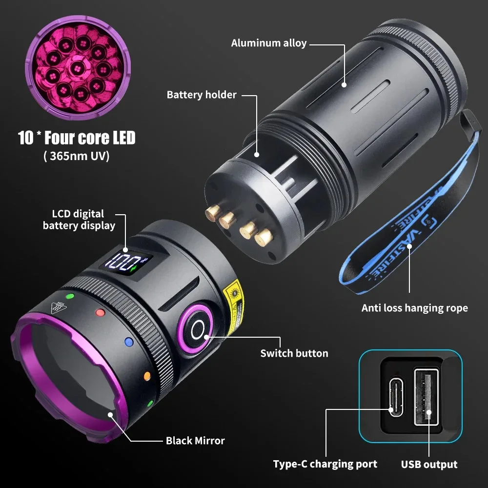 365nm LED UV 손전등 5050 강력 블랙라이트 토치 USB 충전식 고양이/강아지 진균증 소변 얼룩 전갈 돈 위조품 감별용 자외선 램프