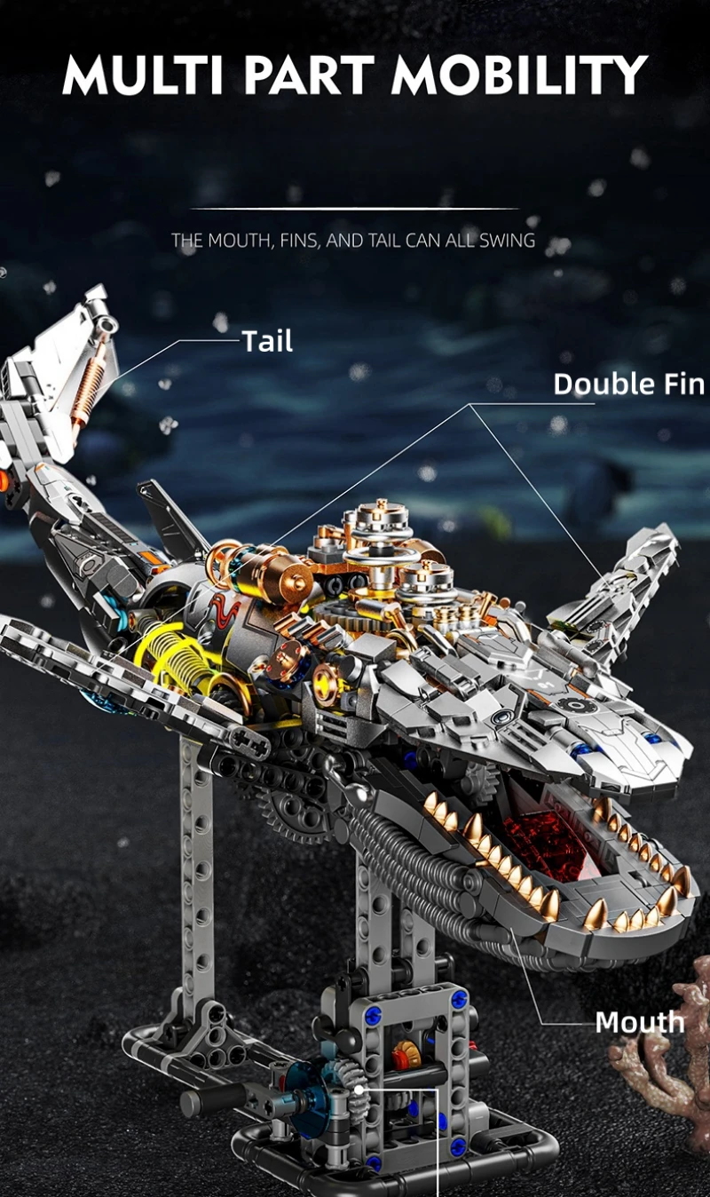FUNXINEE 1388Pcs Ocean Life Mechanical Whale Blocks With Light Power Module Bionic Motion Creative Ornament MOC Gift Box