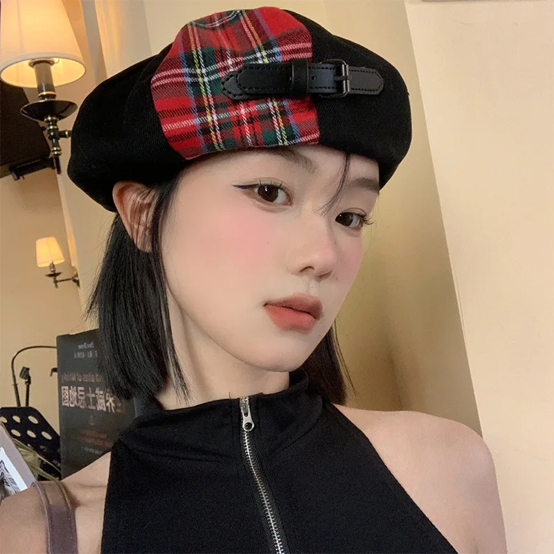 Children Beret Korean Version Fashionable Belt Buckle Color Matching Spring/Summer Retro British Plaid