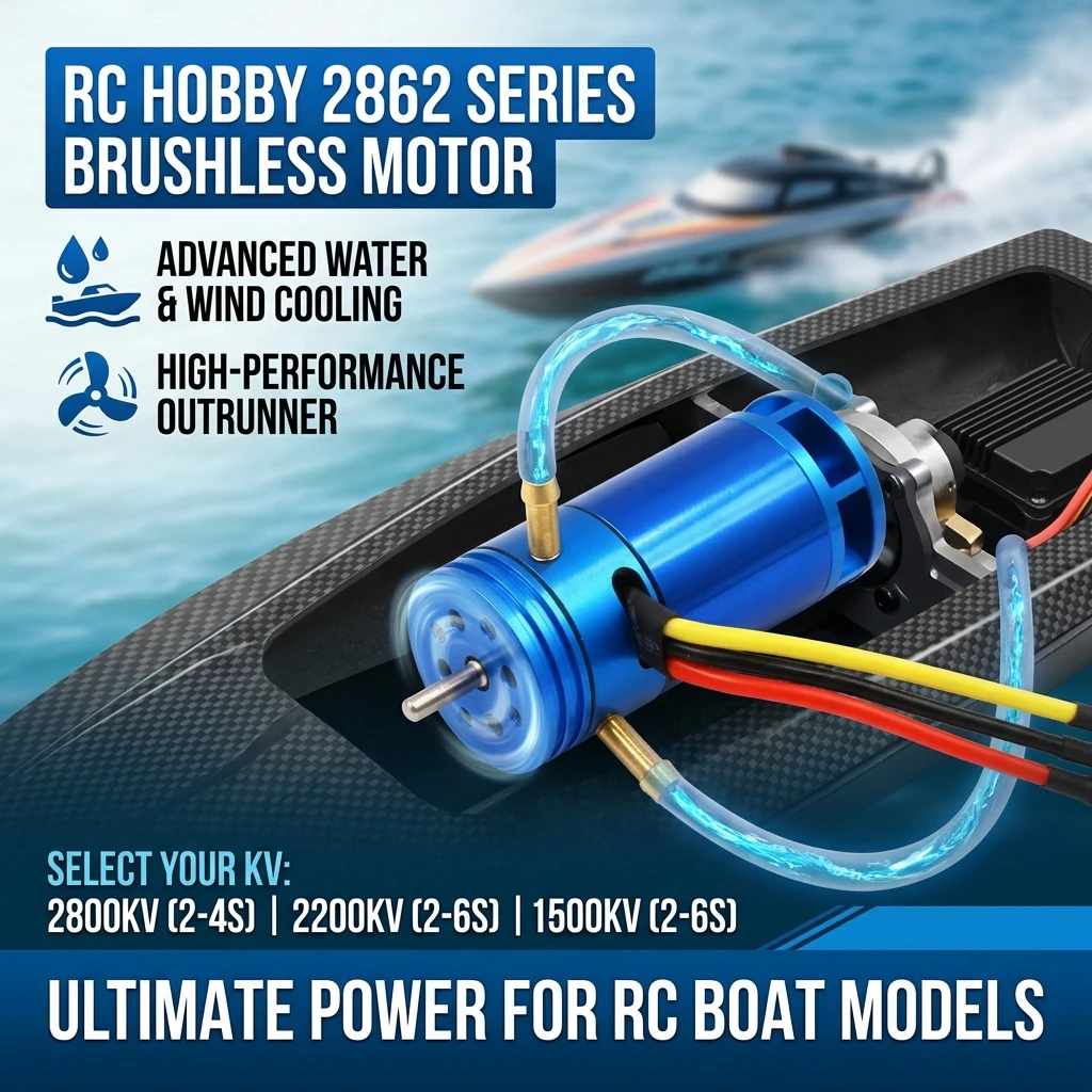 Vue de côté du moteur brushless 2862 pour bateau RC, dissipateur thermique et connexions visibles