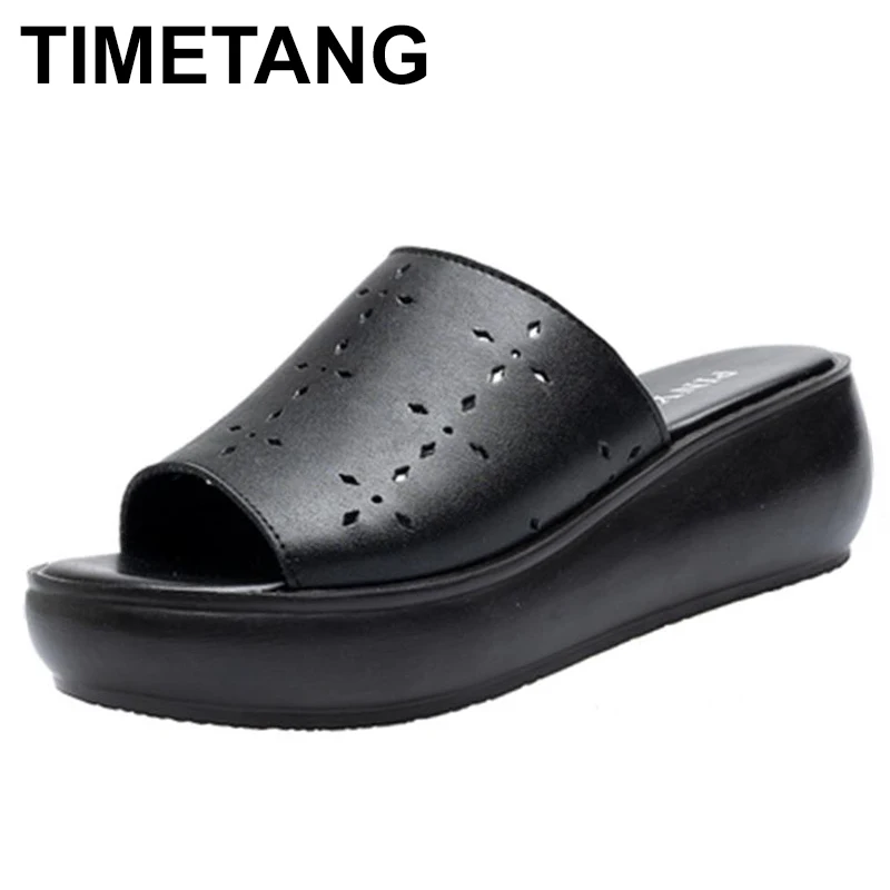 

Simple Genuine Cow Leather Outdoor Slippers Women Summer Shoes Solid Color Flat Platform Wedges Slides Ladies Flip Flop
