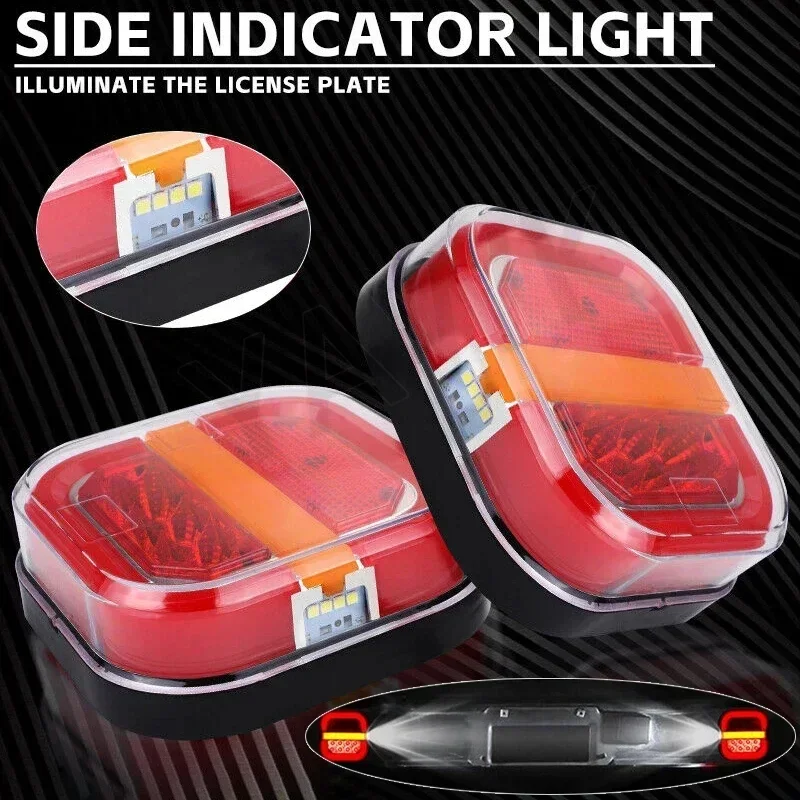 2Pcs Led Trailer Tail Lamp 4inch Square Brake Flowing Turn Signal Blinker License Plate Lamp 12V 24V for Truck Pickup Van 4x4