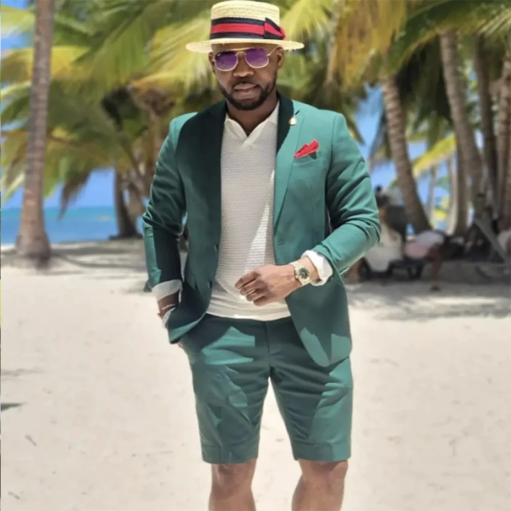 Green Men Suits With Short Pants Notch Lapel Summer Wedding Groom Wear Terno Masculino Slim Fit Blazer 2 Pieces Jacket+Pant