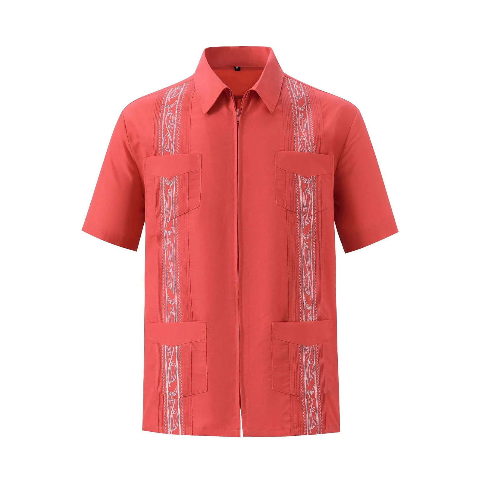 Men's Embroidery Shirt Full Zipper Short Sleeve Turn Down Collar Guayabera Shirts With Pockets Summer Vintage Mexican Shirt Tops