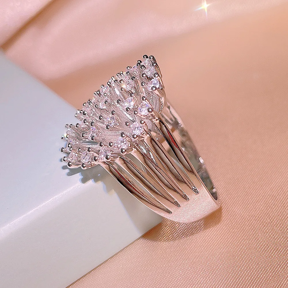 925 Stamp New Light Luxury Super Flash Zircon Hollow Snowflake Ring Female Party Birthday Jewelry Gift