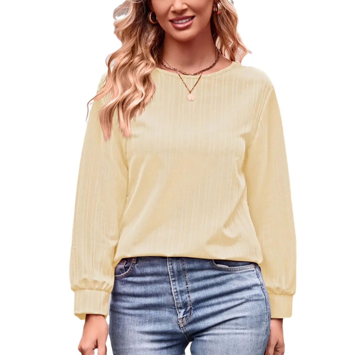

2023 Autumn New Women's Solid Color Double Line Jacquard Loose Relaxed T-shirt Multi Color Versatile Comfortable Long Sleeve Top