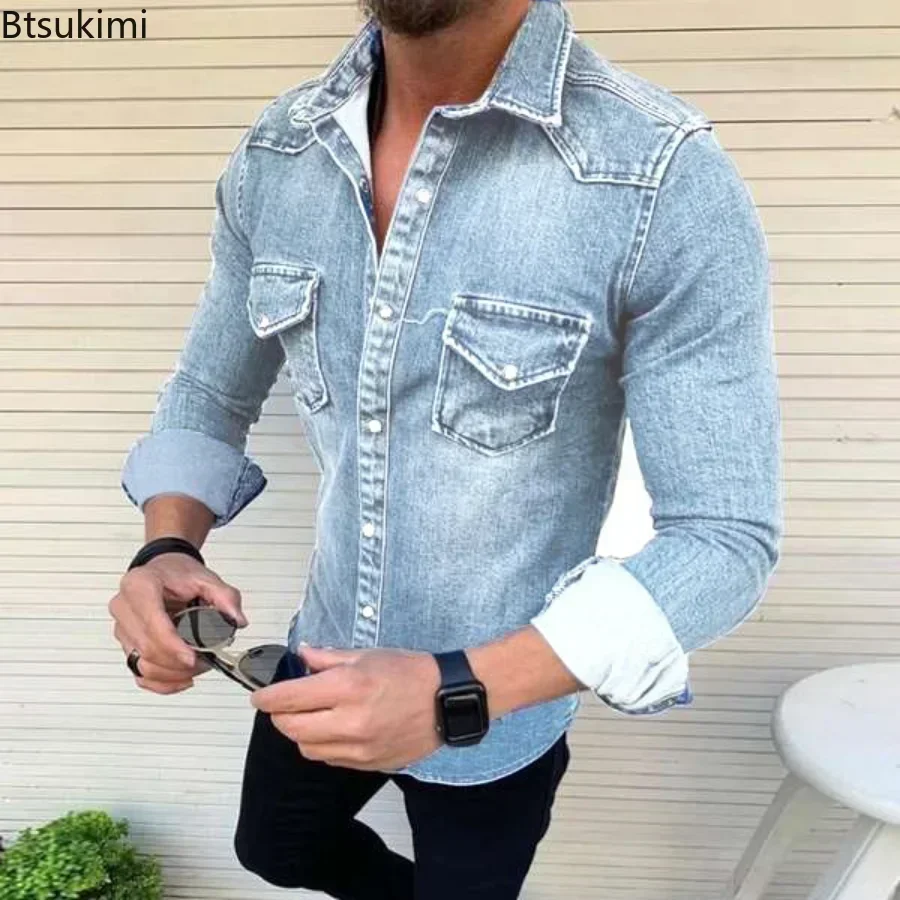 Denim Shirt New Spring Autumn Mens Long Sleeve Denim Shirts for Men Cotton Two Pockets Slim Elastic Chemise Homme denim shirt,long sleeved shirt