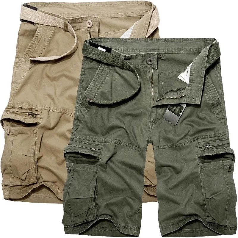 2023 Summer Men Khaki Cargo Shorts Men Casual Army Knee Lenght Shorts Male Multi-Pocket Cotton Straight Shorts No Belt 28-40