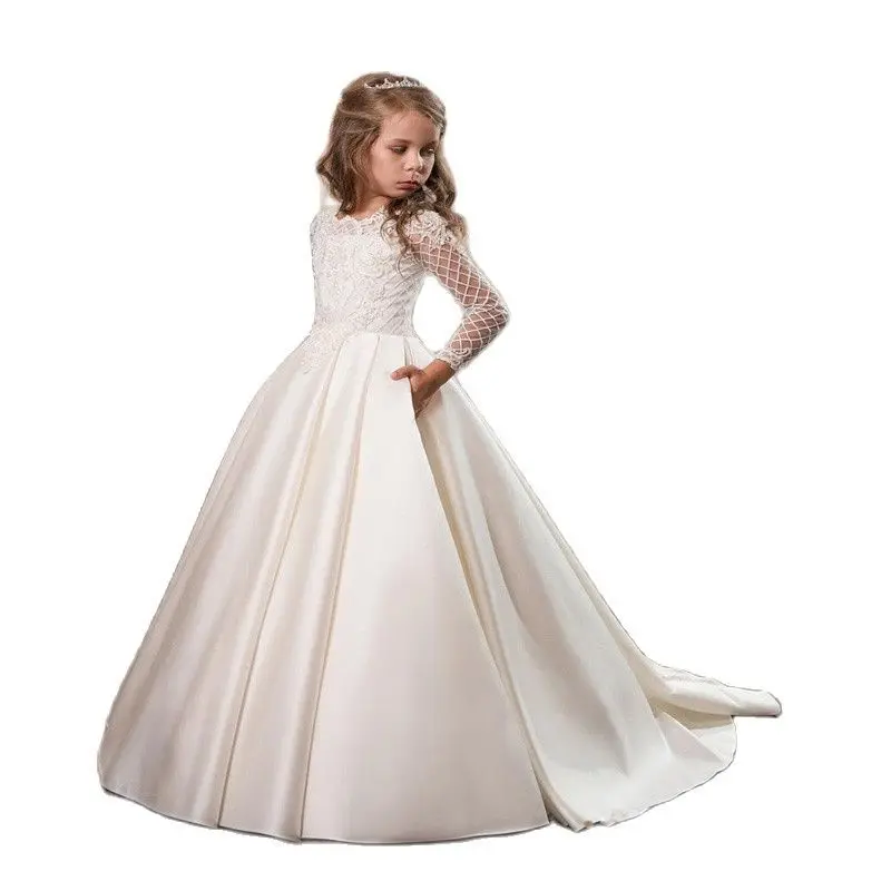 

White Satin A-Line Floor-Length Short Sleeve Girls Pageant Dresses First Communion Dresses For Girls Flower Girl Dresses